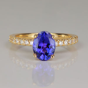 blue violet yellow gold oval tanzanite and diamond gem ring