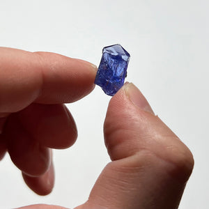 sharply terminated tanzanite in hand