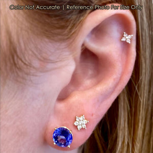 size of yellow gold tanzanite earrings on an ear