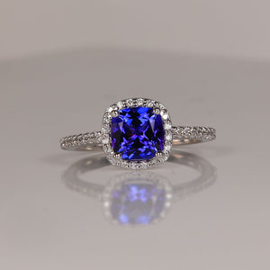 14K White Gold Square Cushion Tanzanite and Diamond Ring 1.73 Carats