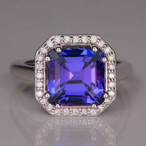 square step cut tanzanite ring in white gold with diamonds