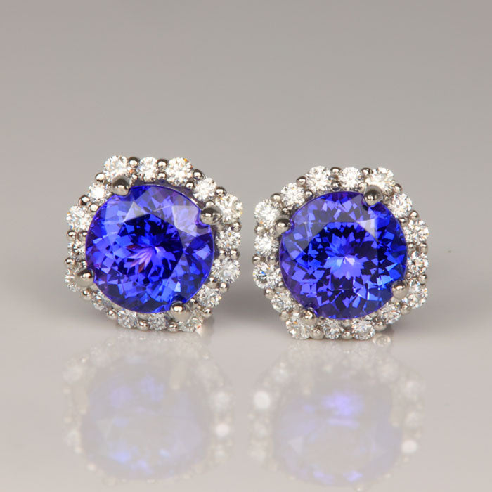tanzanite earrings with diamond halo in platinum