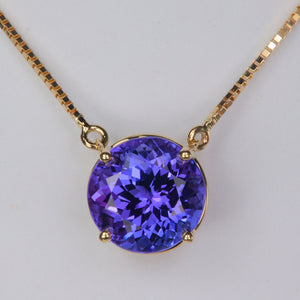 blue violet round brilliant tanzanite gemstone necklace with yellow gold box link chain
