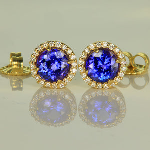 14K Yellow Gold Tanzanite and Diamond Earrings 2.88 Carats