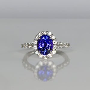oval tanzanite diamond halo ring white gold engagement