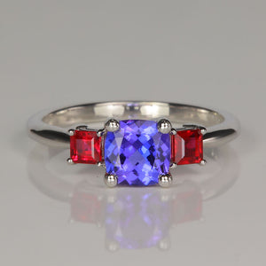 White gold tanzanite gemstone ring with ruby accents