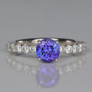 white gold ring with round brilliant tanzanite gemstone and diamonds