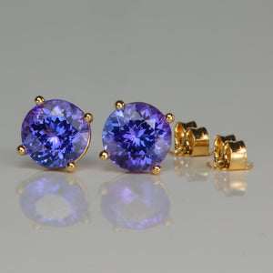 2.32ct round brilliant tanzanite and yellow gold stud earrings