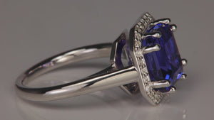 14K White Gold Square Step Tanzanite and Diamond Ring 6.44 Carats