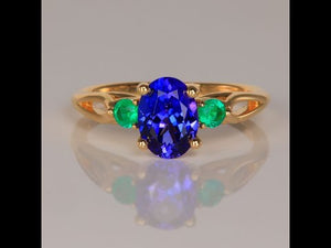 14K Yellow Gold Oval Tanzanite and Emerald Ring 1.55 Carats