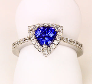 Trilliant Tanzanite Ring With Ideal Cut Diamonds Around