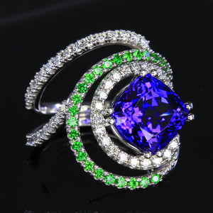Tanzanite Ring with Diamond and Tsavorite Garnets