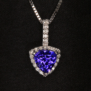 14k White Gold Halo Tanzanite and Diamond Trilliant Pendant 1.72 Carats