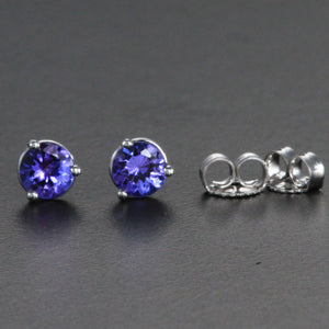 14k White Gold Round Tanzanite Stud Earrings .83 Carats 4.4 mm