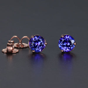 14k Rose Gold Round Tanzanite Stud Earrings 1.27 Carats