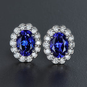14K White Gold Oval Tanzanite and Diamond Halo Stud Earrings 1.84 Carats