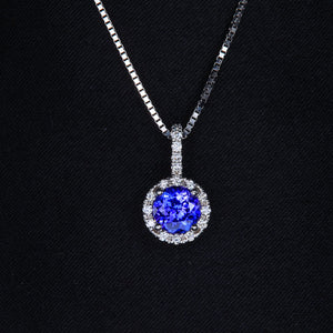 White Gold Round Tanzanite and Diamond Halo Pendant