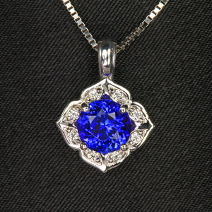 14K White Gold Round Tanzanite and Diamond Pendant 1.64 Carats