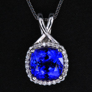 White Gold Square Cushion Tanzanite and Diamond Halo Pendant