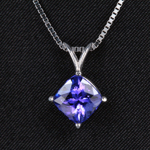 14K White Gold Square Cushion Tanzanite Pendant 1.82 Carats
