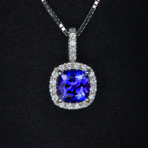 White Gold Tanzanite and Diamond Halo Pendant