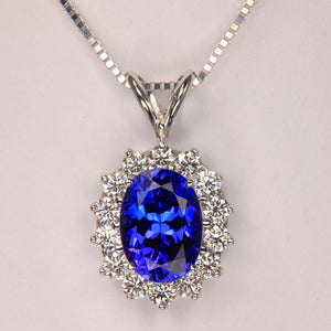 14K White Gold Oval Tanzanite Diamond Halo Pendant 3.52cts
