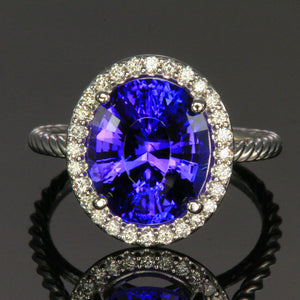 14K White Gold Tanzanite with Diamond Halo Ring 5.25 Carats