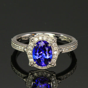 14K White Gold Tanzanite and Diamond Halo Ring 1.69 Carats
