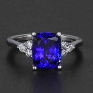 14k White Gold Antique Cushion Tanzanite and Diamond Ring 3.61 Carats
