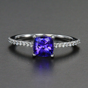 14k White Gold Square Cushion Tanzanite Ring with Diamond Shank 1.24 Carats