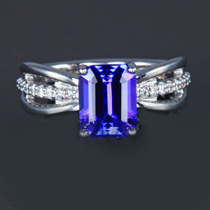 White Gold Emerald Cut Tanzanite with Diamonds on Shank Ring