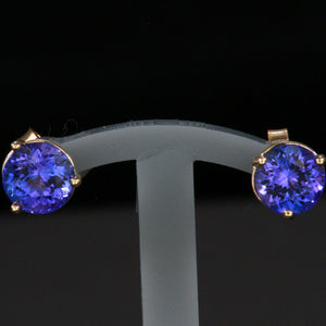 14k Yellow Gold Round Tanzanite Stud Earrings 2.07 Carats