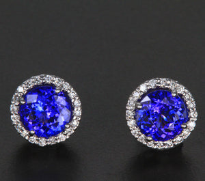 White Gold Round Tanzanite and Diamond Halo Earrings