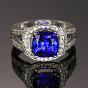 White Gold Square Cushion Tanzanite and Diamond Ring