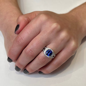 14k White Gold Square Cushion Tanzanite and Diamond Ring 3.05 Carats