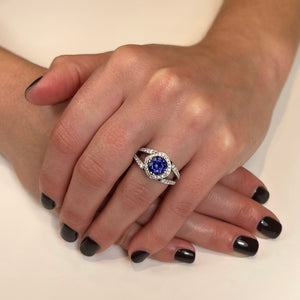 14k White Gold Round Brilliant Tanzanite with Diamond Halo and Shank 3.35 Carats