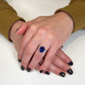 14K White Gold Oval Tananite Ring with side Diamonds 6.51 Carats