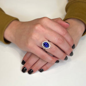 18k White Gold Tanzanite Ring with Halo of Diamonds 4.72 Carats