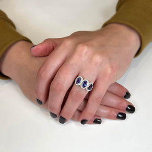 14K White Gold Three Stone Tanzanite and DIamond Halo Ring 2.70 Cartats