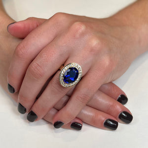 14K Yellow Gold Large Oval Tanzanite and Diamond Halo Ring 7.69 Carats