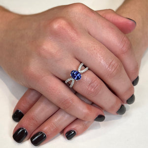 14K White Gold Oval Tanzanite and Double Shank Diamond Ring 1.66 Carats