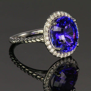 14K White Gold Tanzanite with Diamond Halo Ring 5.25 Carats