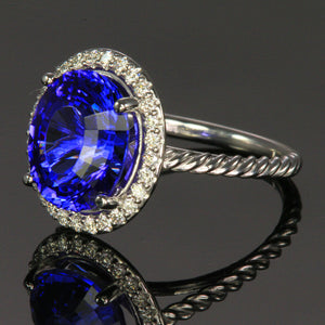 14K White Gold Tanzanite with Diamond Halo Ring 5.25 Carats