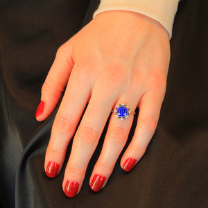 14K White Gold Square Cushion Tanzanite and Diamond Ring