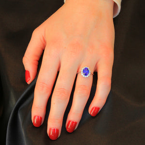 14k White Gold Oval Tanzanite with Halo of Diamonds 1.86 Carats