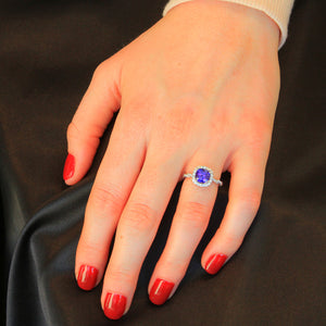 14K White Gold Square Cushion Tanzanite and Diamond Halo Ring 1.82 Carats Designed by Christopher Michael