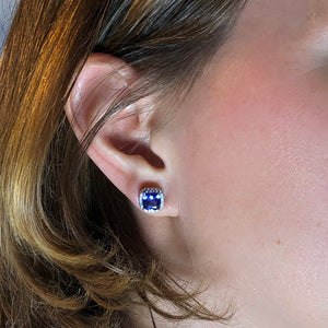 14k White Gold Tanzanite with Diamond Halo Stud Earrings 2.89 Carats
