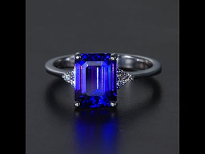 14K White Gold Emerald Cut Tanzanite Ring with Side Diamonds 3.75 Carats