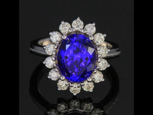 18k White Gold Tanzanite Ring with Halo of Diamonds 4.72 Carats