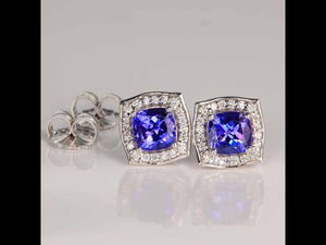 14K White Gold Square Cushion Tanzanite and Diamond Stud Earrings 2.46cts